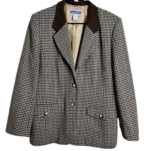 VTG Pendelton Womens Blazer Brown Sz 12 100% Virgin Wool Houndstooth Jacket EUC - Picture 1 of 5